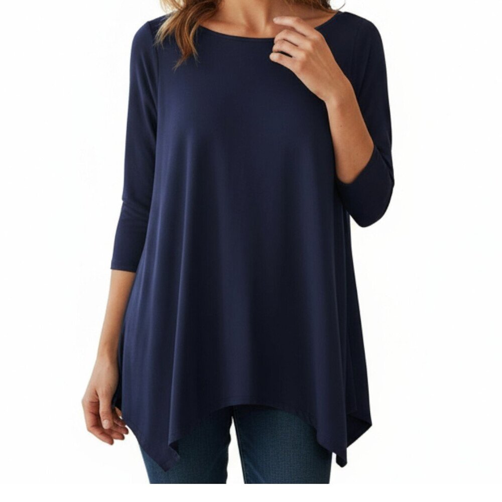 MISIA Navy Blue 3/4 Sleeves Handkerchief Hem Rounded Neck Top - Size Small - NWT